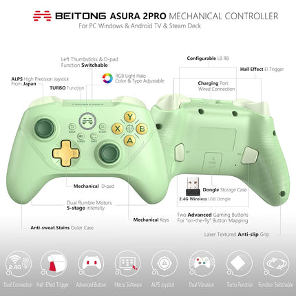Asura 2 Pro PC Gaming Controllers 2.4G Wireless Dual Vibrate Gamepad Joystick For Windows 7 8 10 11 Android TV Steam Simulater,Mechanical Keys/Hall Effect Trigger (Avocado)