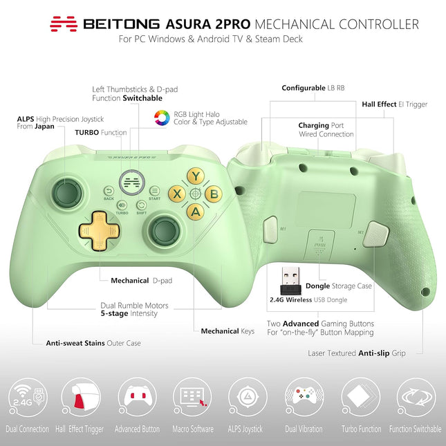Asura 2 Pro PC Gaming Controllers 2.4G Wireless Dual Vibrate Gamepad Joystick For Windows 7 8 10 11 Android TV Steam Simulater,Mechanical Keys/Hall Effect Trigger (Avocado)