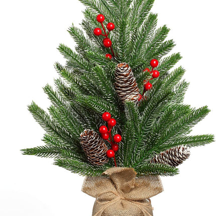Tabletop Christmas Tree 19 Inch Artificial Mini Christmas Tree Non-Lit Snowy Small Christmas Tree with Pine Cones Red Berries for Christmas Holiday Mantle Table Top Home Indoor Decor