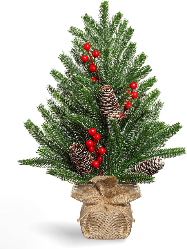 Tabletop Christmas Tree 19 Inch Artificial Mini Christmas Tree Non-Lit Snowy Small Christmas Tree with Pine Cones Red Berries for Christmas Holiday Mantle Table Top Home Indoor Decor
