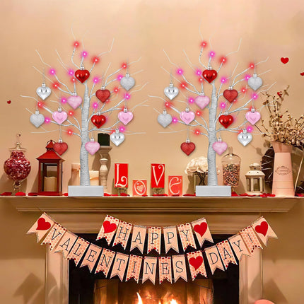 [Timer] 2 Pack 24 Inch Valentines Day Decor Tree with 24 Red Pink LED Lights and Heart Ornaments, USB/Battery Operated Valentines Decoration Tree Light, Valentines Day Decorations Home Table Bedroom