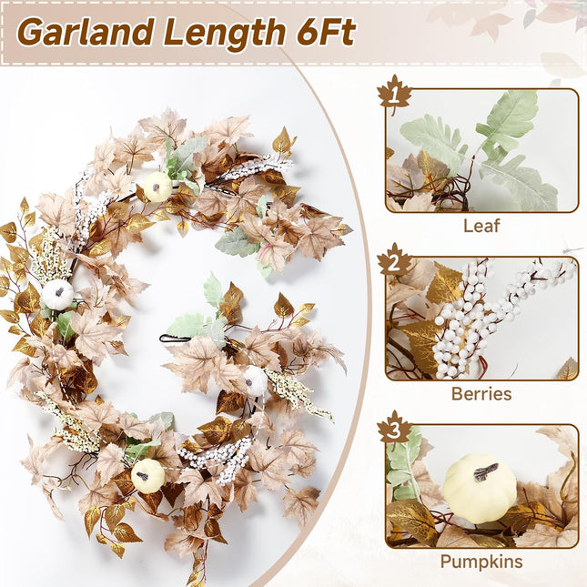 6FT Fall Garland Decor, White Pumpkin & Maple Leaves Garland, Fall Decorations Outdoor/Indoor for Mantle Fireplace Home Porch Thanksgiving Party, White