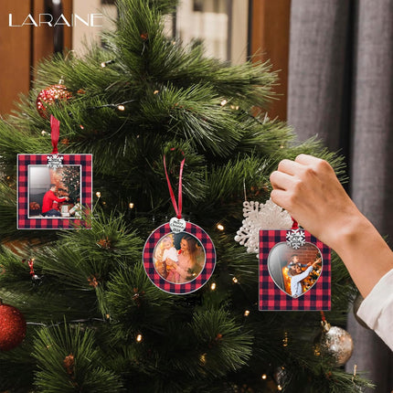 Laraine Christmas Tree Ornaments 3 Pieces – Decorative Hanging Plaid Pendant with 2.5” Picture Frame Insert for Baby and Pet Holiday Keepsake (Plaid-Red&Black ())