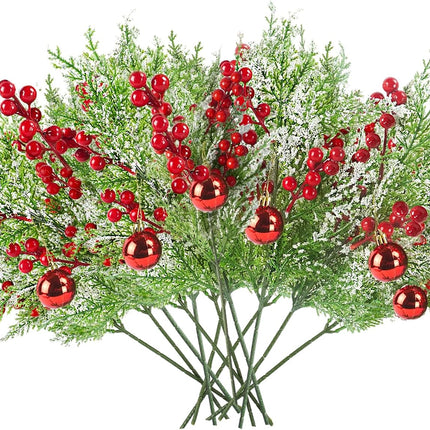 12pcs Snowy Artificial Cedar Picks, 19.5" Frosted Faux Cedar Spray Branches with Berries & Ring Bell Plastic Christmas Cypress Greenery Pine Stems for DIY Garland Christmas Tree Holiday Decor