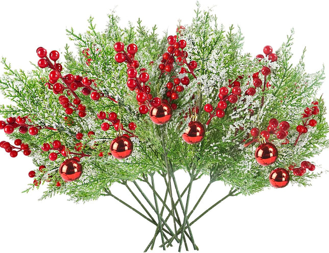 12pcs Snowy Artificial Cedar Picks, 19.5" Frosted Faux Cedar Spray Branches with Berries & Ring Bell Plastic Christmas Cypress Greenery Pine Stems for DIY Garland Christmas Tree Holiday Decor