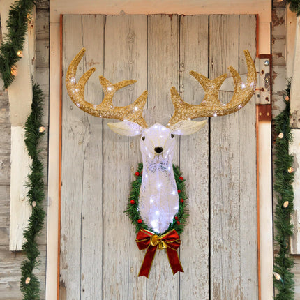 28 Inch Lighted Christmas Wall Decor Reindeer Head - Pre-Lit 3D Rudolph Hanging Wreath with Battery Operated LED Lights, 8 Lighting Modes for Indoor/Outdoor Festive Xmas Holiday Decoration