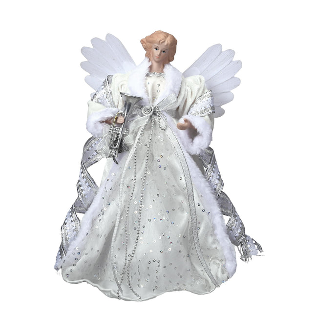 Valery Madelyn 12 Inch Lighted Christmas Angel Tree Topper, Luxury Sliver White Angel Tree Top Figurine with Mutil-Color LED Lights for Christmas Tree Decoration, Battery Operated