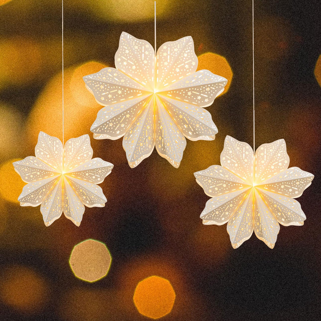 3 Pieces Christmas Paper Lantern with Star Paper Lantern Paper Lamp Frozen Party Hanging Decoration for Weddings Christmas Trees Birthday Holiday Party Celebration (White)