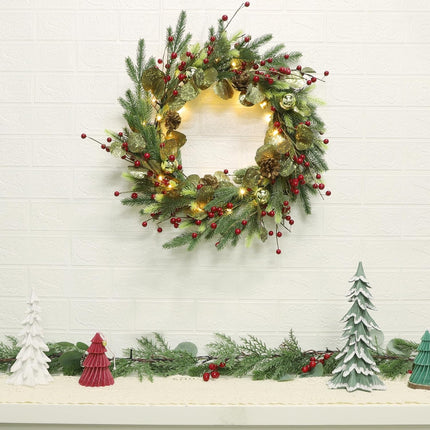 DR.DUDU Christmas Wreath with Lights, 22" Battery Operated Lighted Wreath with Timer for Front Door, Pre-lit Artificial Xmas Wreaths with Red Berries, Gold Leaf, Christmas Decorations for Home Window