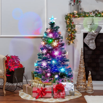 Juegoal 4 ft Pre-Lit Artificial Christmas Tree, Lighted Optical Fiber Xmas Trees with RGB Color Changing LED Lights, Snowflakes & Top Star, Festive Party Holiday Fake Multicolored Tree with Metal Legs