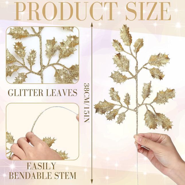 Crowye 60 Pcs Christmas Glitter Leaves Holly Leaves 15" Artificial Holly Leaf Picks Glitter Stems for Christmas Tree DIY Xmas Wreath Garland Home Decor (Gold)