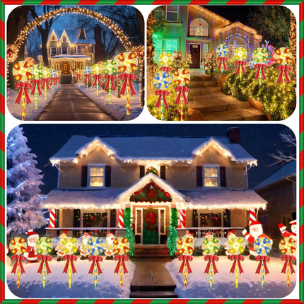 Retisee 10 Pack Lollipop Christmas Pathway Lights 27'' Christmas Lollipop Markers Lights Outdoor Christmas Peppermint Candy Pathway Lights Decorations with Bows for Xmas Holiday Yard Lawn Walkway