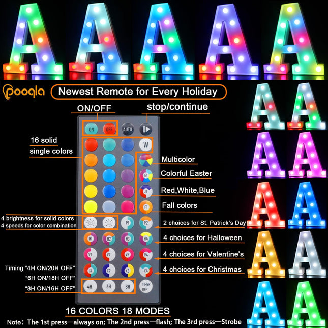 Pooqla Light Up Letters with Remote, d 34 Colors Marquee Letter Lights, Color Changing LED Letters Battery Operated for Wedding Birthday Party Christmas Home Decor, Letter S