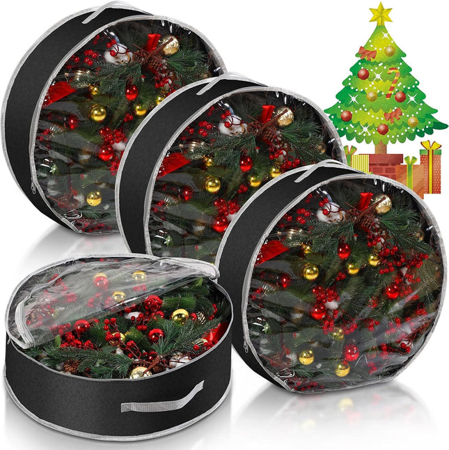 Aliceset 4 Pcs Christmas Wreath Storage Bags Large Garland Holiday Wreath Storage Containers with Window and Handle Zipper for Halloween Holiday Seasonal Storage Wrapping(24 x 24 x 7.8 Inch,Black)