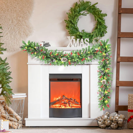 LAVEVE Pre-lit Christmas Garland 9 FT, Battery Operated 100 Lights Garland with Cedar Cones and Red Berries, Outdoor Indoor Christmas Decorations for Mantle, Stairs, Front Porch