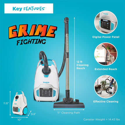 Simplicity Vacuums Scout Canister Vacuum Cleaner, Compact Rug And Wood Floor Vacuum, Household Vacuum Cleaners Feature Extendable Wand And Digital Suction Control
