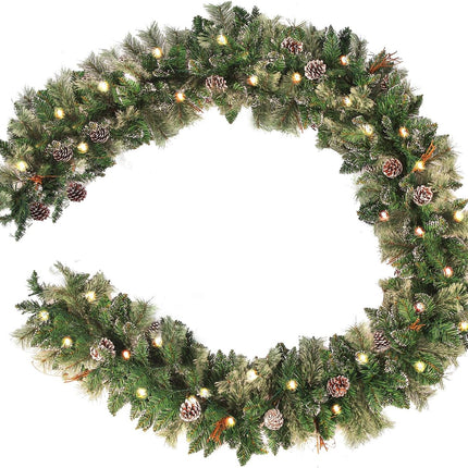 9 FT Prelit Christmas Garland with Pine Cones, Artificial Snowy Pine Garland for Christmas 50 Battery Operated Warm Lights and Timer Xmas Garlands Decor Indoor Outdoor