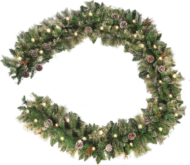 9 FT Prelit Christmas Garland with Pine Cones, Artificial Snowy Pine Garland for Christmas 50 Battery Operated Warm Lights and Timer Xmas Garlands Decor Indoor Outdoor