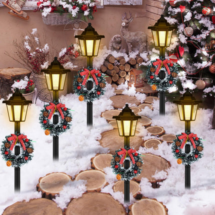 VIHOSE 4 Pcs 21.3 Inch Christmas Solar Pathway Lights Outdoor Waterproof Solar Christmas Street Lights with Ribbon Accessories Solar Outdoor Lights for Yard Pathway Walkway Holiday Decor(Wreath)
