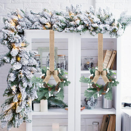 Lyrow 8 Pcs Mini Christmas Kitchen Cabinet Wreaths with Burlap Ribbon Artificial Green Leaves White Berries Hanging Wreaths for Home Front Door Christmas Holiday Indoor Decor