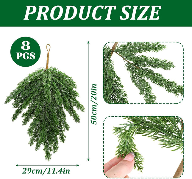 Zomiboo 8 Pcs Mixed Pine Artificial Christmas Teardrop Swag Xmas Wreath Garland Christmas Pine Greenery Swag Pine Branches Teardrop Needles Swag Winter for Christmas Holiday Mantle Decor (19.7 Inch)
