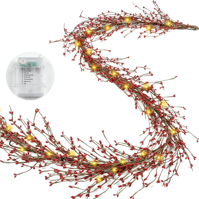 6FT Red Berry Garland with Lights, Artificial Berry Christmas Garland for Indoor and Outdoor Thanksgiving Christmas Decoration, Table Arrangements, Fireplace Mantel, and Centerpiece Decorations
