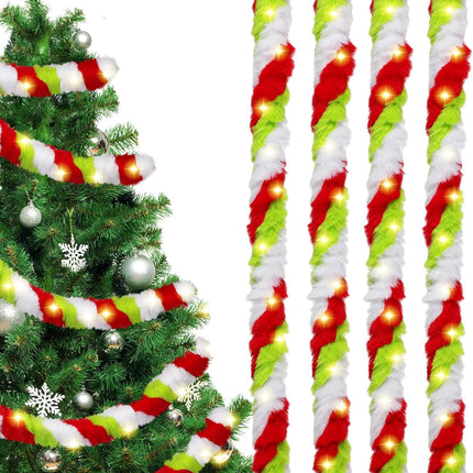 Jutom 50 Ft Christmas Tree Garland Lime Green LED Lighted Faux Fur Ribbon Trim Artificial Furry Stripe Roll Garland for Xmas Holiday Winter Indoor and Outdoor Decoration(Red Green White)