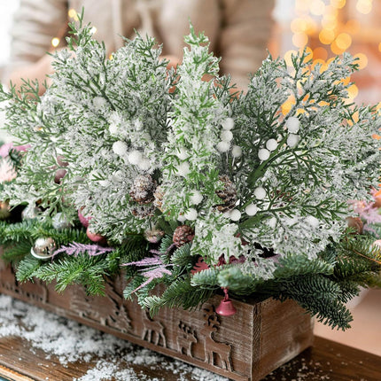 Lyrow 24 Pcs Christmas Artificial Juniper Cedar Branches Picks Spray with Berry Faux Greenery Spray Branches Cedar Twig Stems for Holiday Winter Ornament Crafts Wreath Garland (White Berry with Snow)