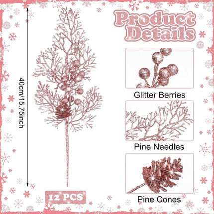 Tigeen 12 Pcs Large Christmas Tree Picks Bulk Glitter Branches Berries Stems Decorations 15.75'' Christmas Twigs Filler Berry Picks for Vase Christmas Tree Ornaments (Rose Gold)