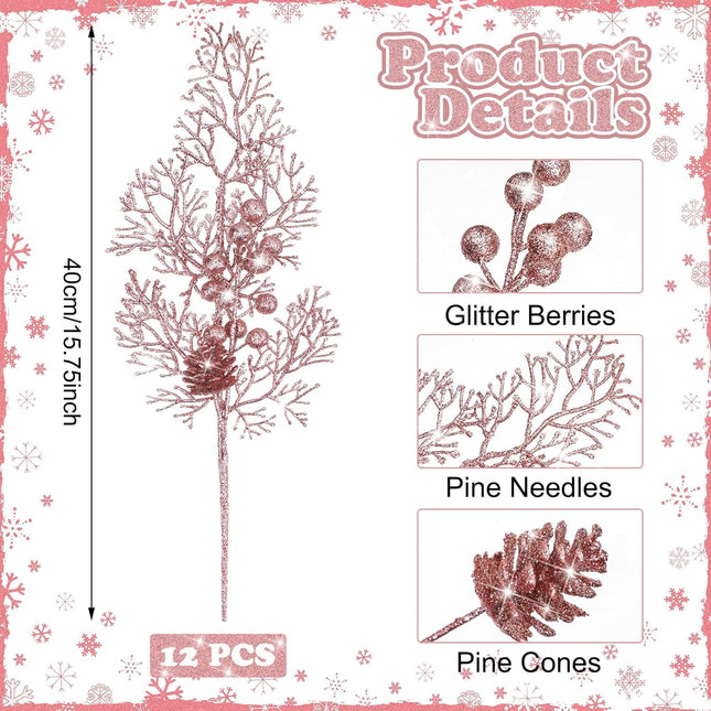 Tigeen 12 Pcs Large Christmas Tree Picks Bulk Glitter Branches Berries Stems Decorations 15.75'' Christmas Twigs Filler Berry Picks for Vase Christmas Tree Ornaments (Rose Gold)