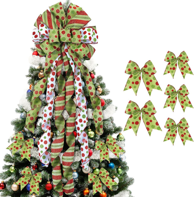 6PCS Christmas Tree Topper Wreath Bow Christmas Tree Bow Topper Large Red Green Bow and Small Wreath Bows Christmas Decorations for Tree Wrapping Wall Home Front Door Decor 45"x13"
