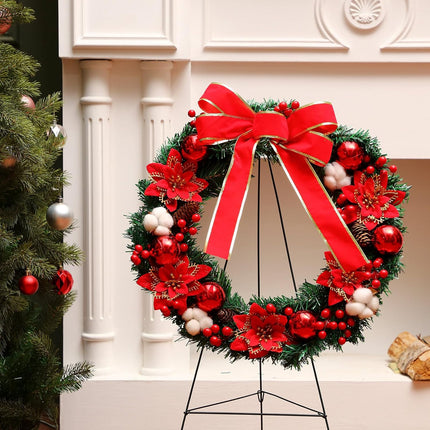 Crowye 4 Pcs Christmas Memorial Cemetery Wreath Set Includes 2 Pcs 20in Christmas Wreath 2 Pcs 30in Easel Stand Holiday Outside Yard Wreath Decoration for Outdoor Gravestone Headstone(Poinsettia)