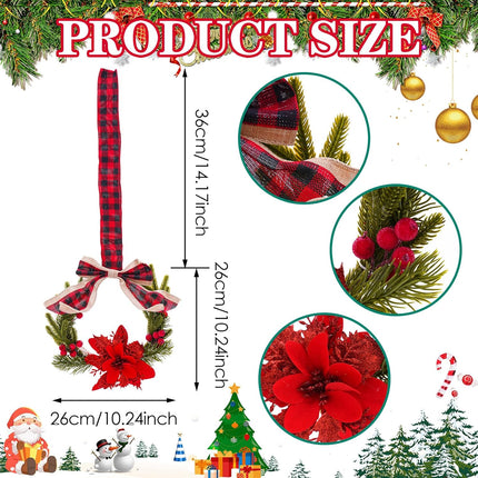 Mini Christmas Wreaths for Kitchen Cabinets - 2 Pcs 10 Inch Small Cabinet Wreath with Plaid Bow Ribbon, Norfolk Pine, Red Berry for Xmas Fireplace Window Farmhouse Indoor Home Wall Decorations