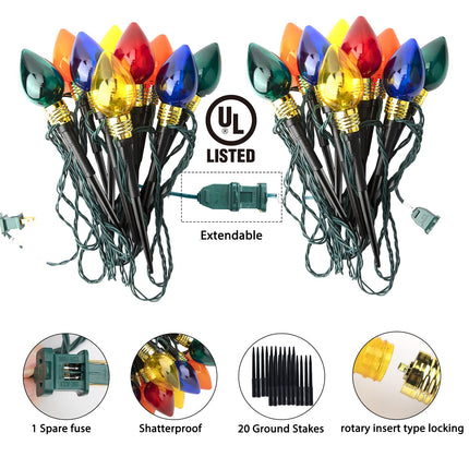 2 Pack C9 Christmas Pathway Lights Outdoor Total 34.8 Ft 20 Lights Waterproof Connectable Walkway Lights for Yard Ground Sidewalk Driveway Christmas Decorations