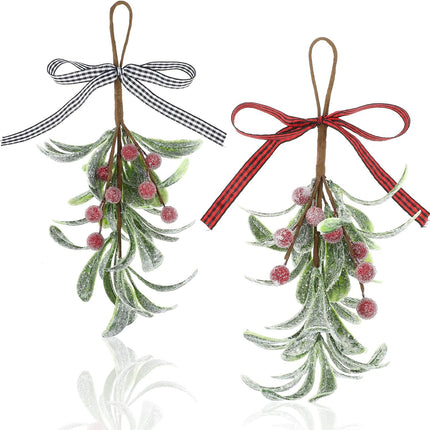 2 Pcs Christmas Mistletoe Decor, Xmas Mistletoe Hanging Ornament with Plaid Bow, Artificial Red Berry Mistletoe Decorations Glitter Christmas Tree Accessories Mistletoe Kissing Ball(Red+White)