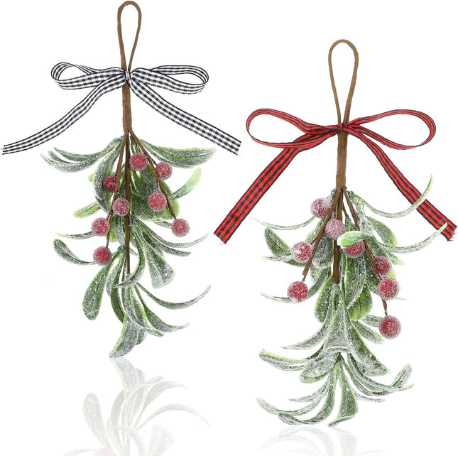 2 Pcs Christmas Mistletoe Decor, Xmas Mistletoe Hanging Ornament with Plaid Bow, Artificial Red Berry Mistletoe Decorations Glitter Christmas Tree Accessories Mistletoe Kissing Ball(Red+White)
