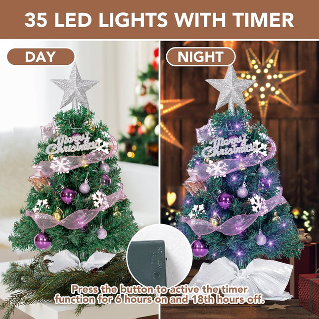NALONE Mini Christmas Tree with Lights and Timer, 24 Inch Snow Flocked Small Christmas Tree with 28 Pcs Ornaments, 90 Branch Tips Tabletop Christmas Tree for Holiday Decoration (Purple)