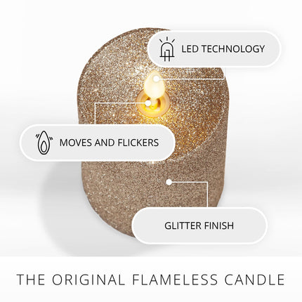 Luminara Realistic Artificial Flame Gold Metallic Glitter Candle (3 x 4-inch) Moving Flame LED Battery Operated Lights - Unscented - Remote Sold Separately