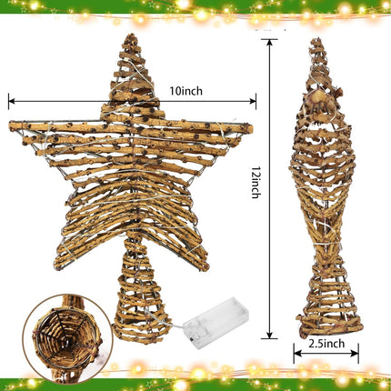 Christmas Tree Toppers,12-Inch Rustic Rattan Christmas Star 20 LED Lighted Party Indoor Decor for Christmas Tree