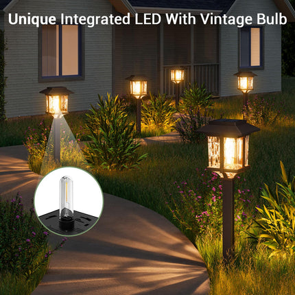 XMCOSY+ Solar Outdoor Lights 15 LM Garden Lights with Metal Glass, 2-Tone Bronze & Wood (Color) Pathway Lights, IP65 Waterproof LED Lighting for Yard Landscape Walkway Driveway (4 Pack, Warm White)