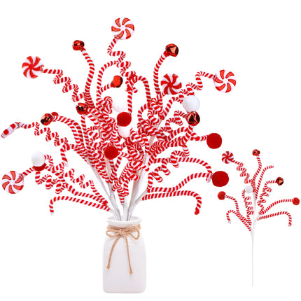 Sggvecsy 4 Pcs Christmas Tree Decoration Candy Cane Woolen Bells Candy Shape Christmas Tree Picks Christmas Bell Curly Picks Ornaments Xmas Tree Topper for Vase Filler Home Office Decor (Red)