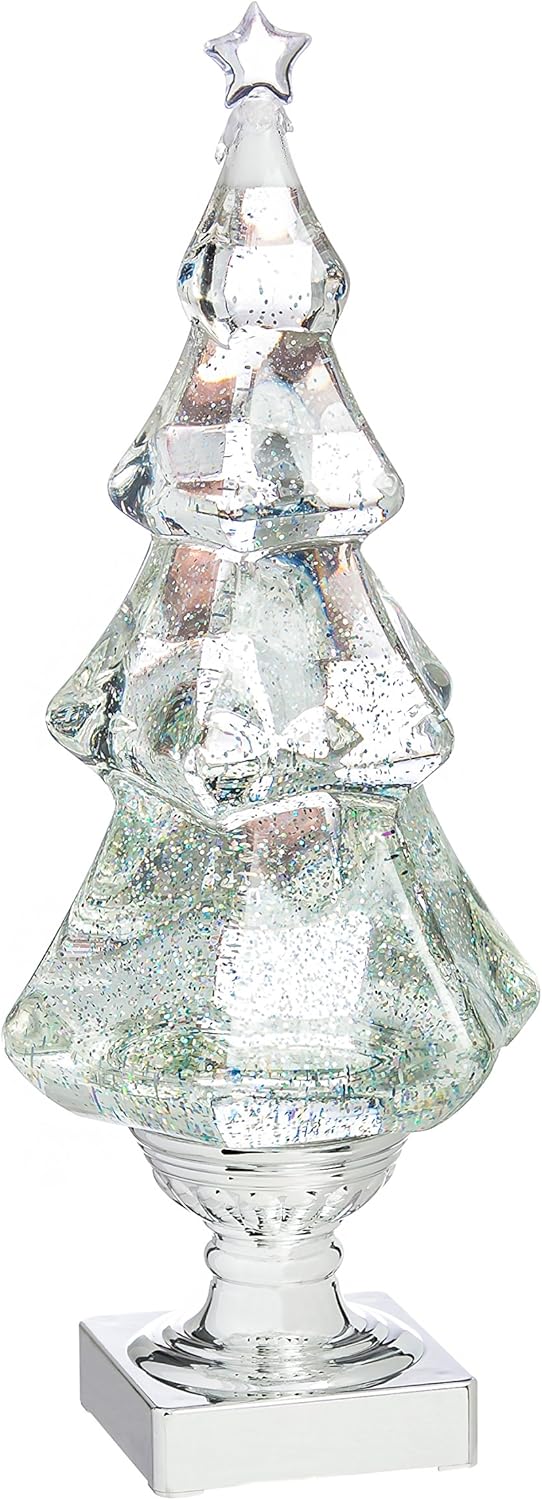 Beautiful LED Light Liquid Motion Glitter Christmas Tree | 14 Inches Tall | Premium Ornament | Water Globe | Battery Operated | Tabletop Sparkling Silver for Holiday Home and Office Décor