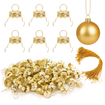 100 Pieces Round Christmas Ornament Caps and Christmas Ornament Hangers String Set, Christmas Hangers Caps for Christmas Tree, Ceramic Glass Porcelain Christmas Ornaments DIY Decorations
