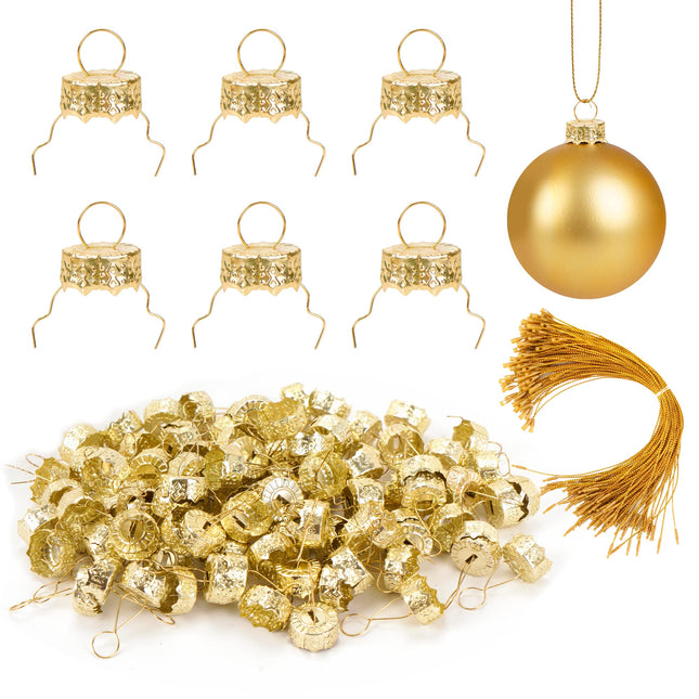 100 Pieces Round Christmas Ornament Caps and Christmas Ornament Hangers String Set, Christmas Hangers Caps for Christmas Tree, Ceramic Glass Porcelain Christmas Ornaments DIY Decorations