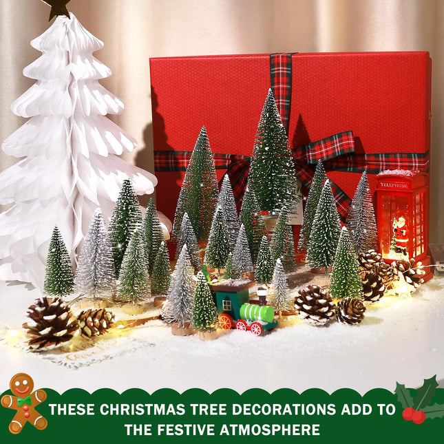 Set of 35PCS Mini Christmas Tree, Christmas Pine Cones, 2oz Fake Snow Powder, Mixed Christmas Decoration, Xmas Village Displays Winter DIY Crafts (Classic Green)