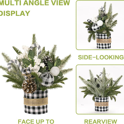 Super Holiday Small Buffalo Check Plaid Christmas Tree, Artificial Mini Tabletop Christmas Tree Decorations with Xmas Ornaments, for Home Party Thankgivings Decor, Black/White-Indoor