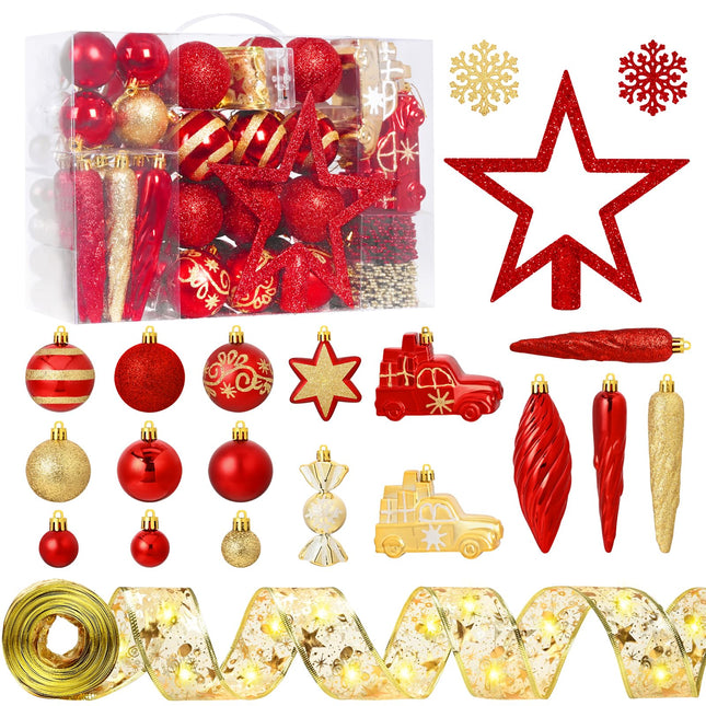100 Pcs Christmas Tree Ornaments Set, Red Gold Christmas Ball Ornaments Shatterproof Christmas Tree Decorations with Ribbon Star Toppers Hanging Holiday Home Party Decor