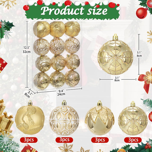 Hollyone 3.15"/80mm Gold Christmas Ball Ornaments 12 Pcs Shatterproof Christmas Tree Relief Ornaments Set Large Hanging Christmas Ornaments Balls for Christmas Wedding Holiday Wreath Home Decorations