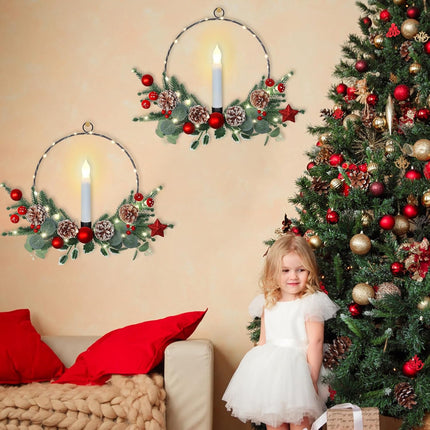 Weldomcor 2Pack Christmas Wreath with LED Taper Candle Lights Pine Cones Berries, Artificial Plant Hoop Wreath Winter Xmas Decorations for Front Door Window Fireplace Home Wall Hanging Holiday Party