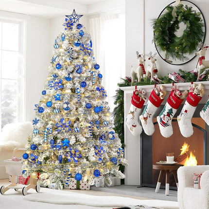 128pcs Christmas Balls Ornaments Set, Shatterproof Plastic Baubles Christmas Flower, Ribbon and Tree Topper for Xmas Tree Holiday Wedding Party Decorations with Hanging Strings, Blue and Gold